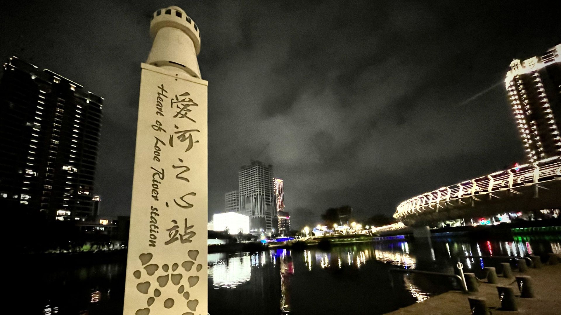 Signpost that says “Heart of Love River Station”, with Love River in the background.