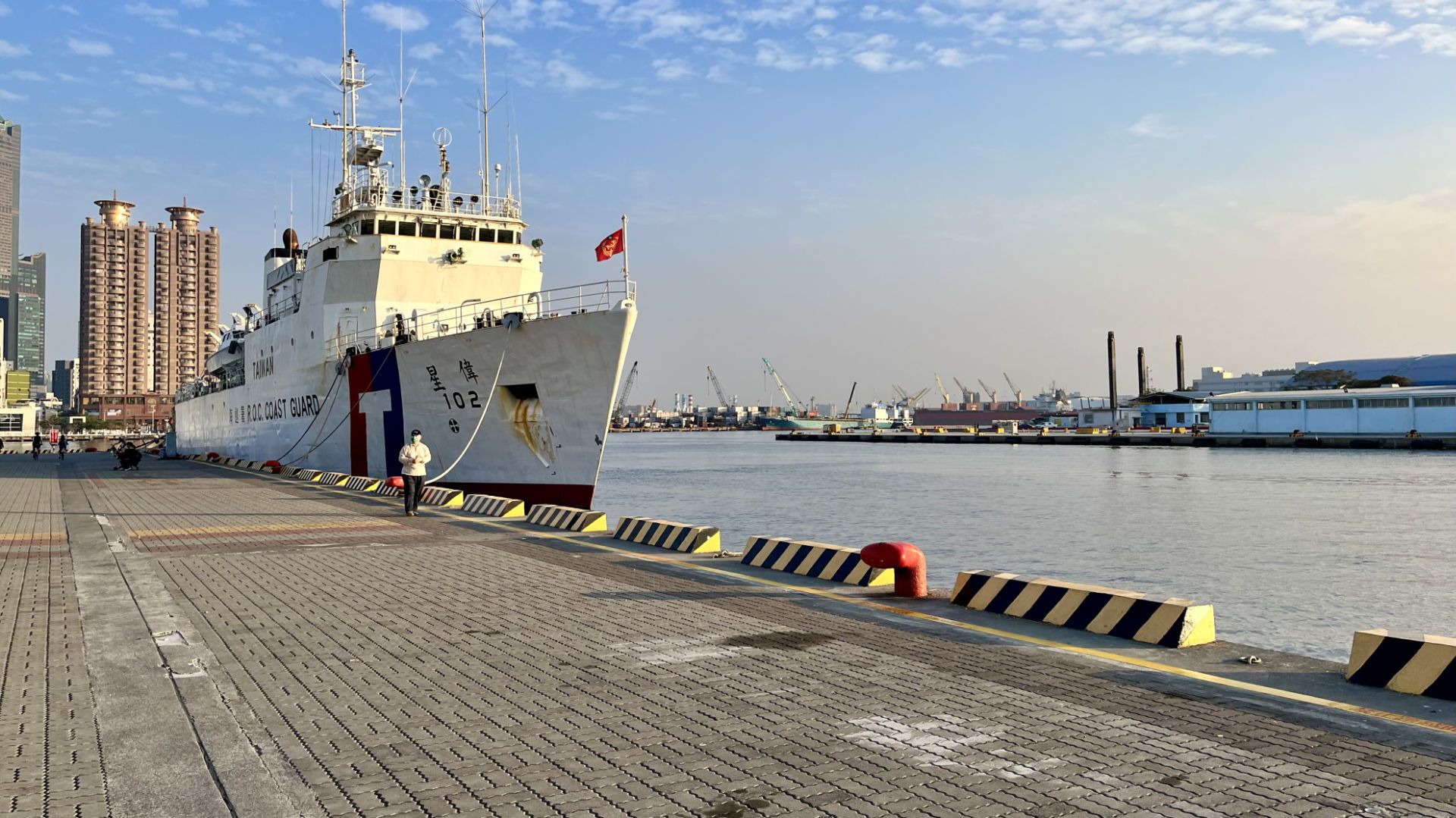 A Taiwan Coast Guard vessel tied up at port.