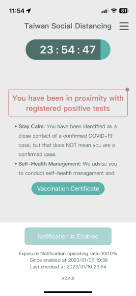 Screenshot of the home page of the Taiwan Social Distancing app. The screen says “You have been in proximity with registered positive tests”.