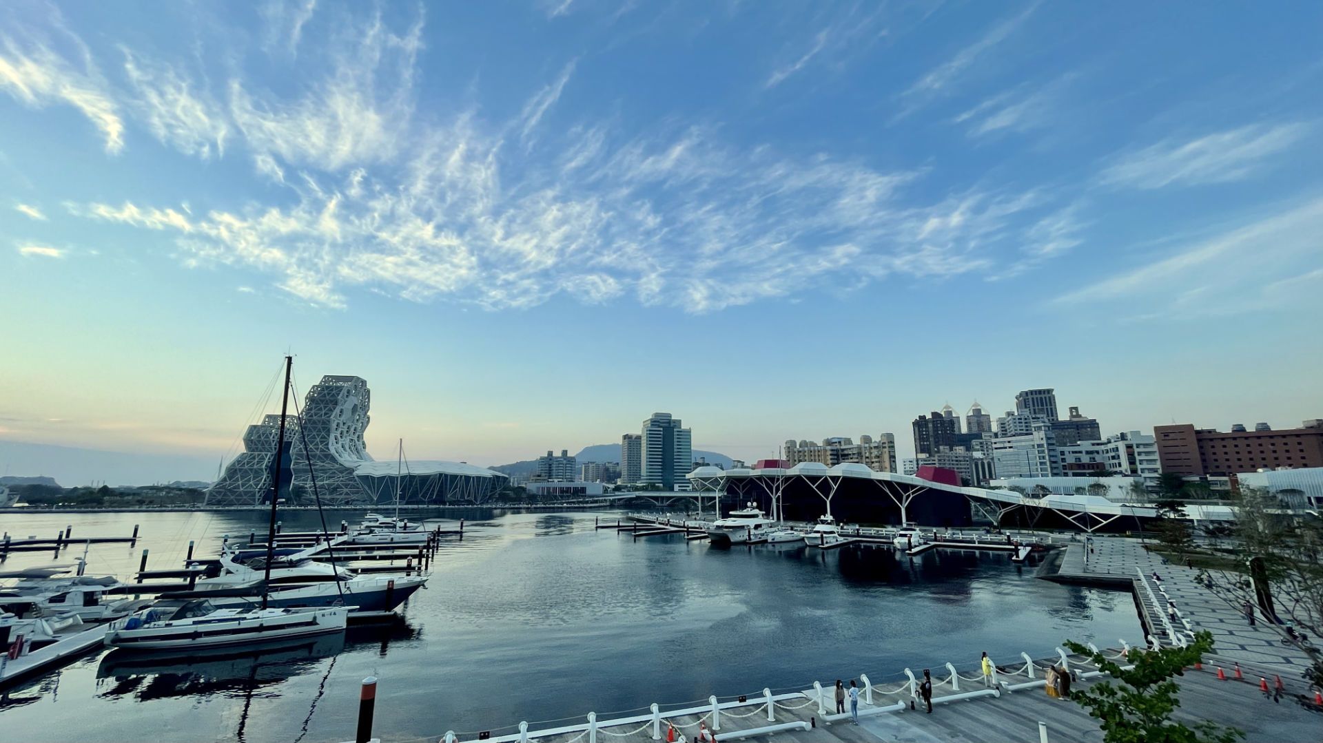 View across the harbor, with a marina in the foreground and skyscrapers in the distance.