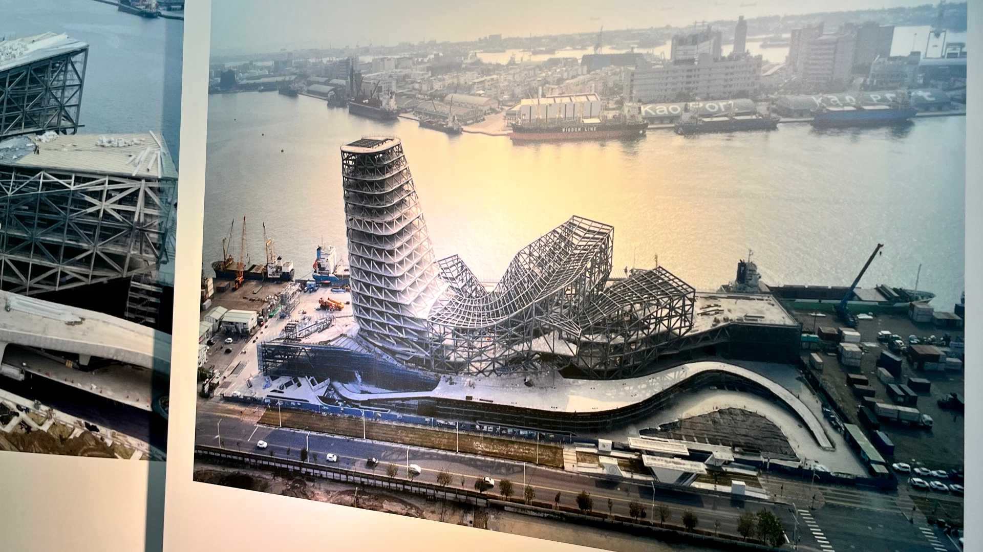 A printed photo showing the metal framework of the Kaohsiung Port Cruise Terminal.
