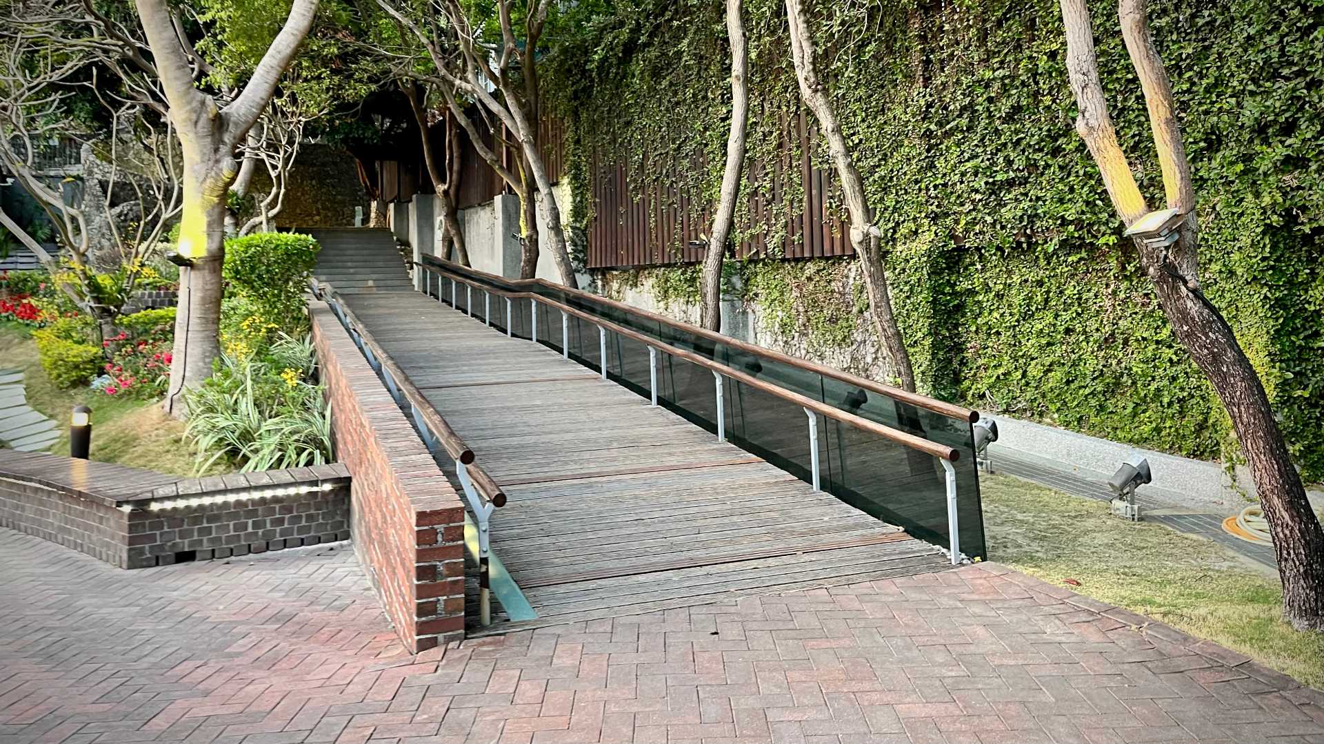 A gentle wooden ramp leading uphill.