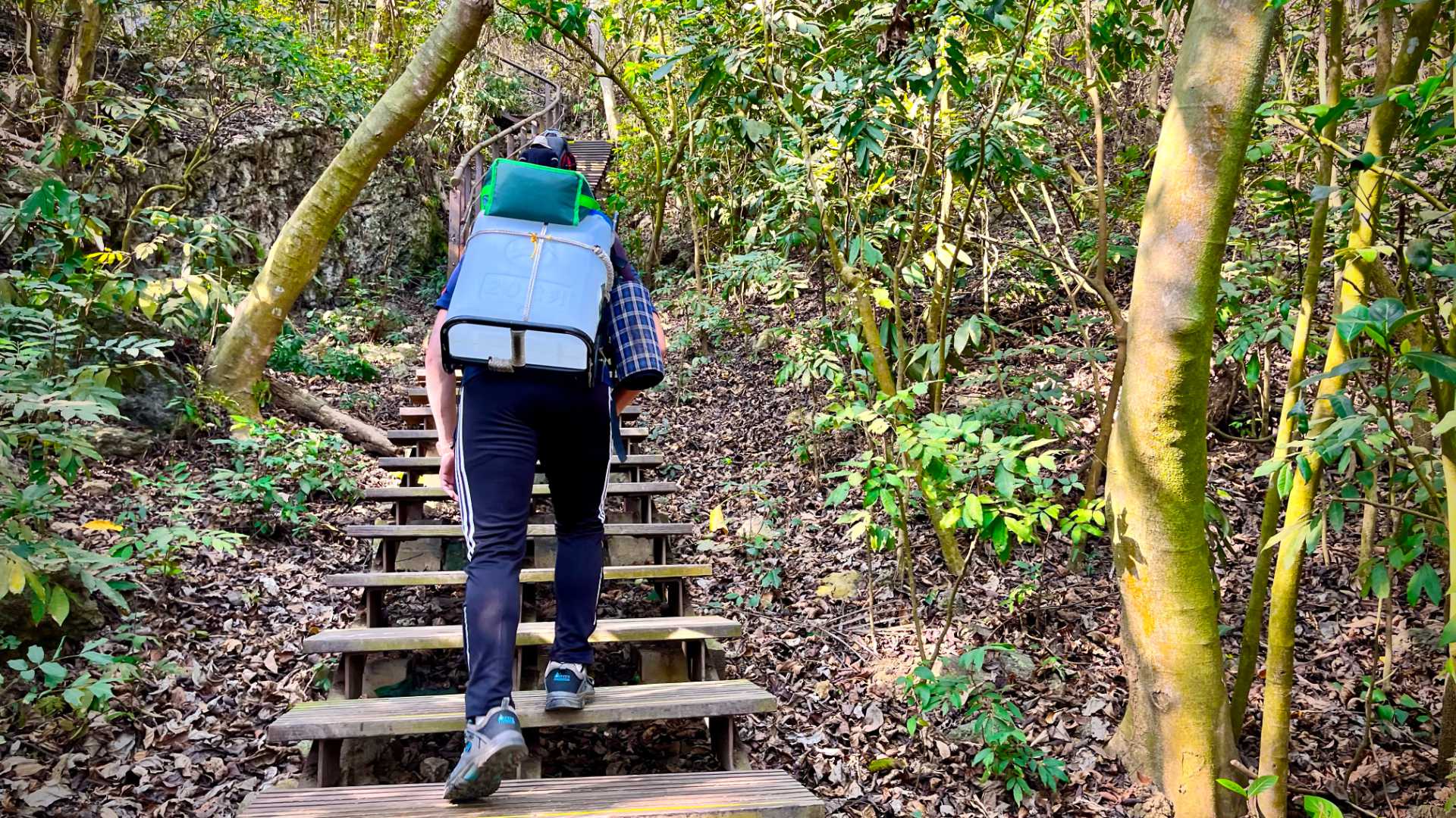 A man climbing some wooden steps in the forest, carrying 20 liters of water on his back.