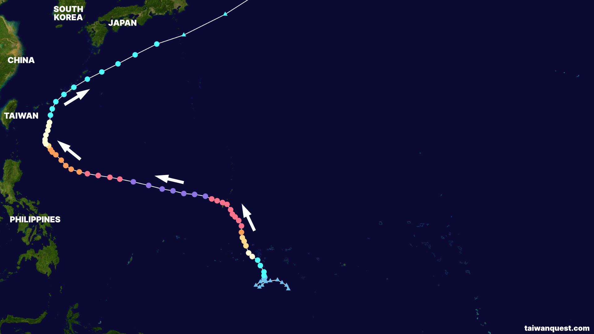 Image of the Pacific Ocean and surrounding countries, overlaid with the path of Typhoon Mawar.