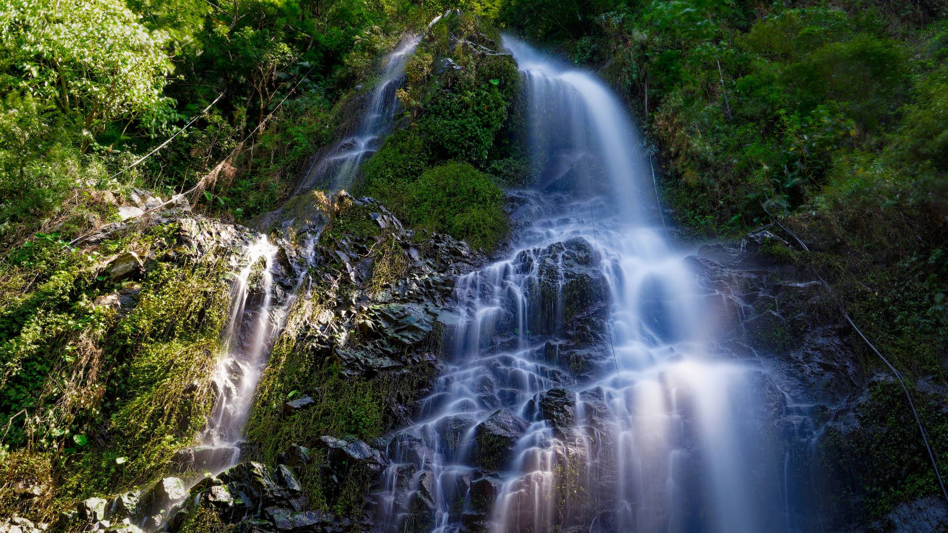 A tall and wispy waterfall cascading down rocks, with dense vegetation either side.