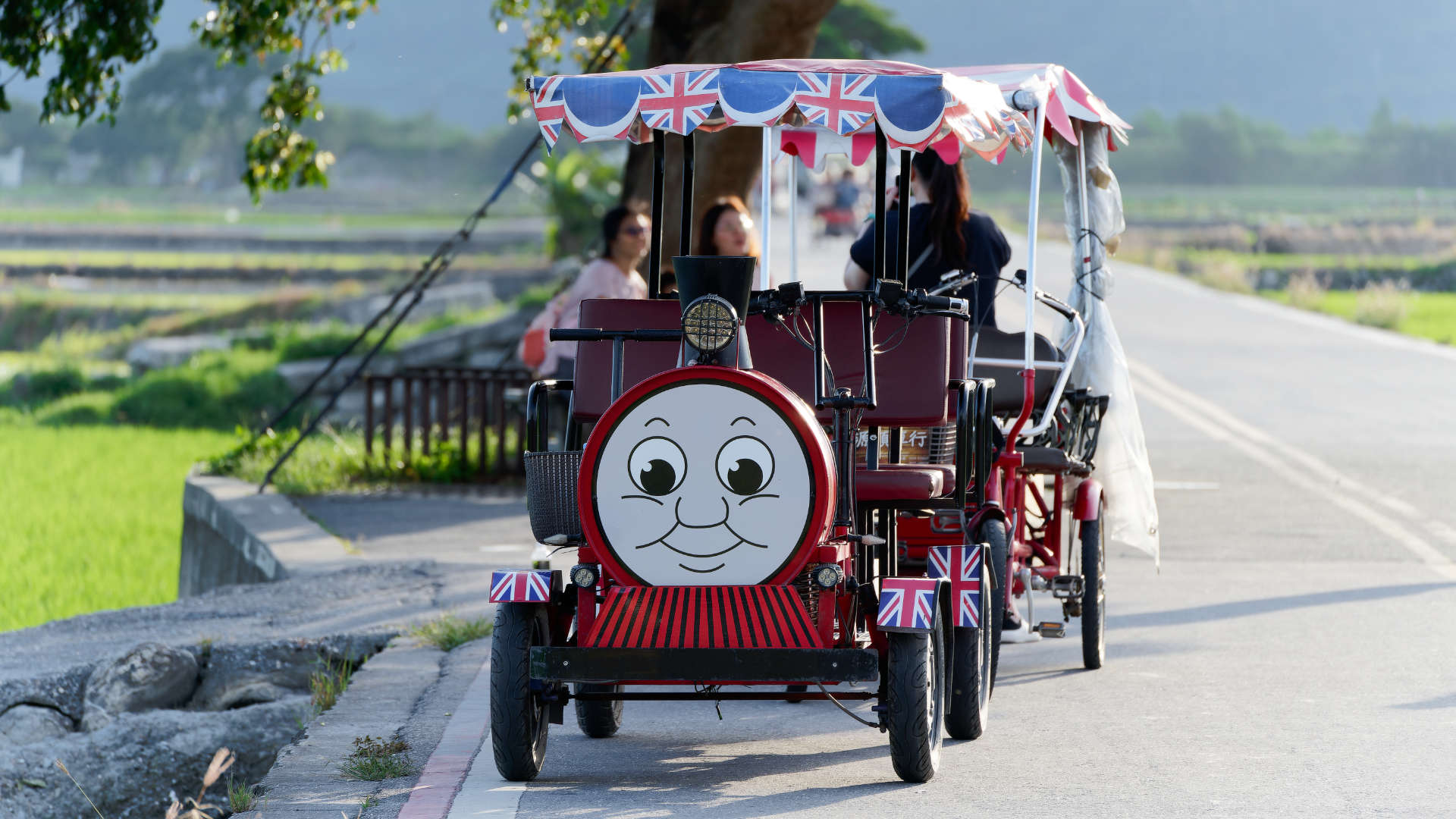 Two train-styled pedal carts. Each seats approximately four people. Beyond the carts, people are having their photo taken under a tree, with more pedal carts in the distance.