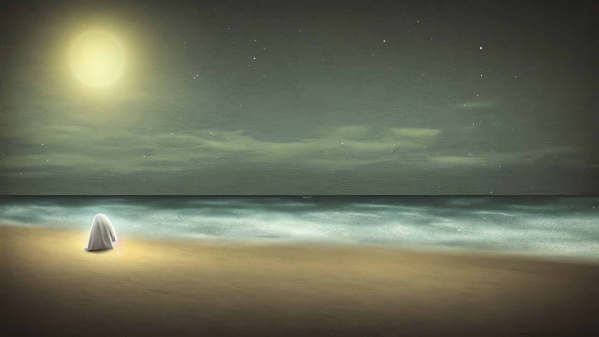 Artificial intelligence-generated image of a ghost sitting on the beach at night.