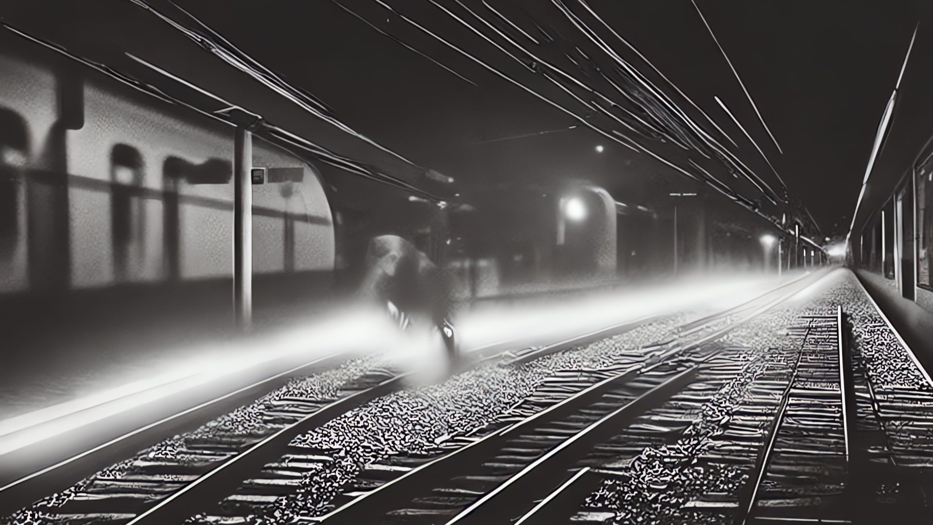 Artificial intelligence-generated image of a series of train tracks at night, with a blurred train passing a ghost-like figure that is standing on the tracks.