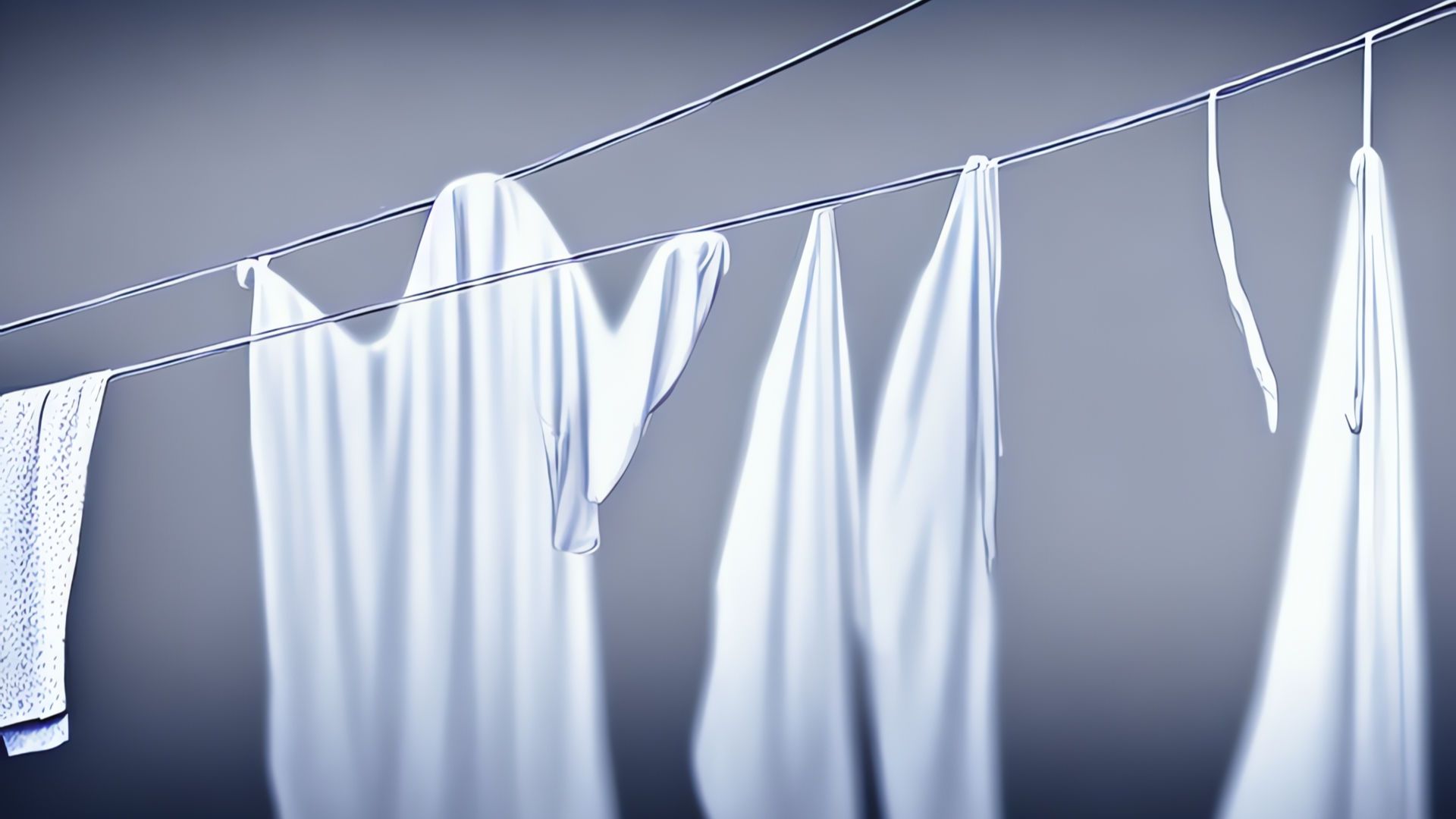 Artificial intelligence-generated image of four items of wet laundry hanging on a line. One of the items is shaped like a ghost.