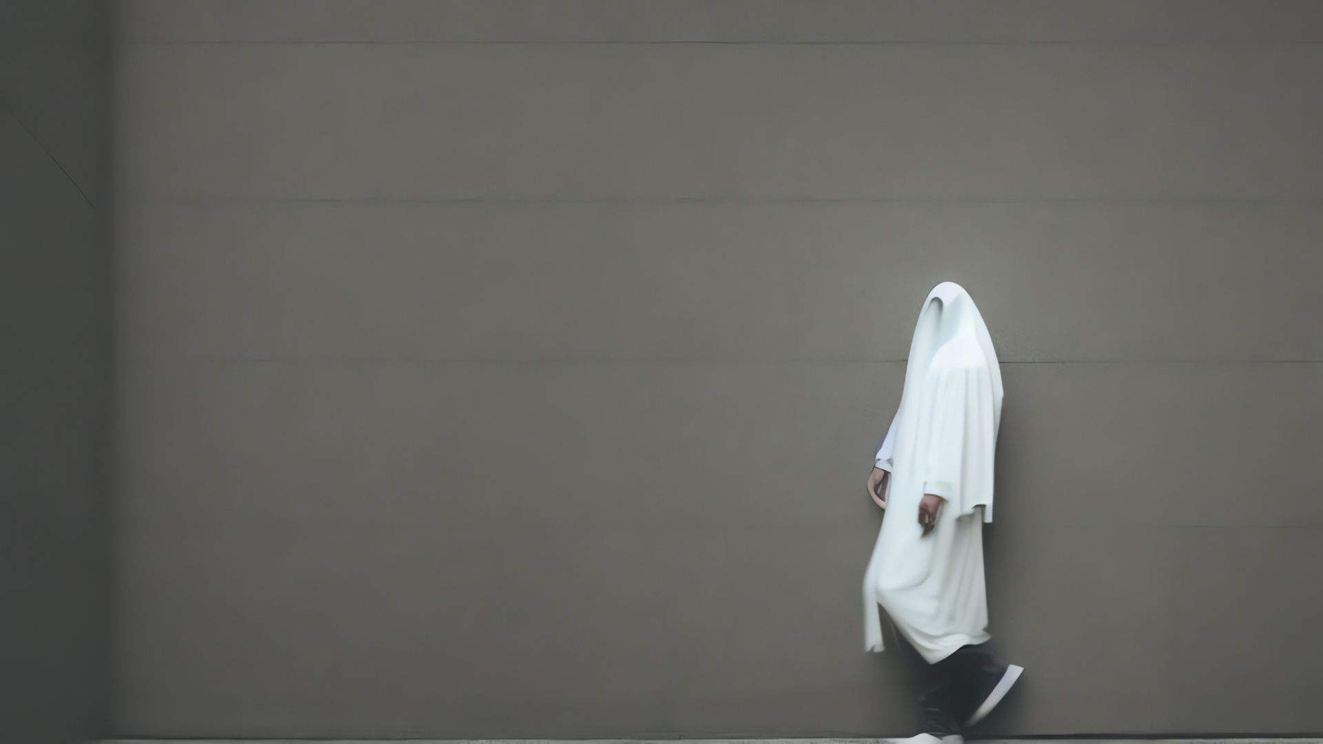 Artificial intelligence-generated image of a person, covered in a ghostly sheet, leaning against a wall.