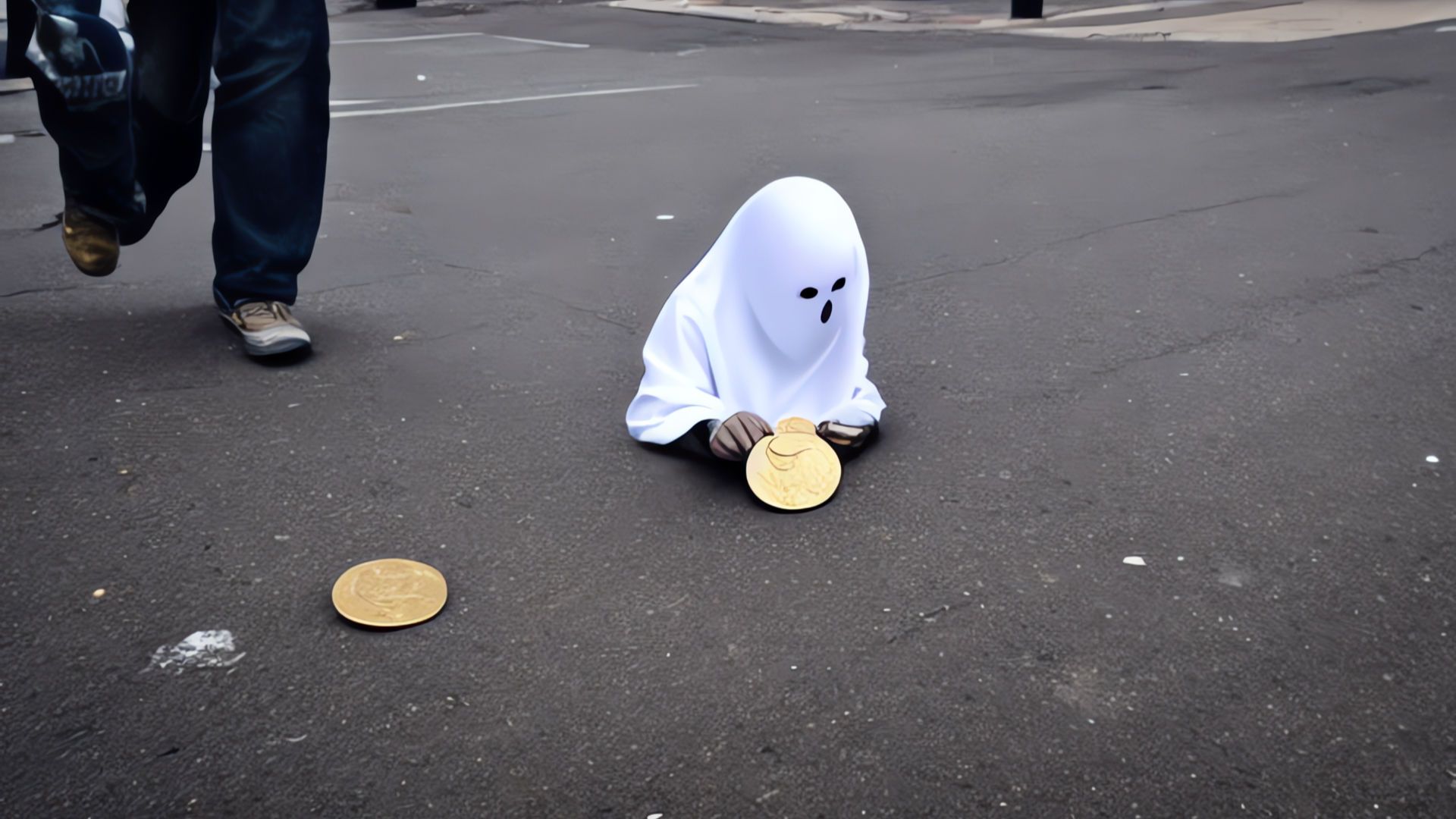 Artificial intelligence-generated image of a ghost touching some oversized coins on the road, as a person walks past in the background.