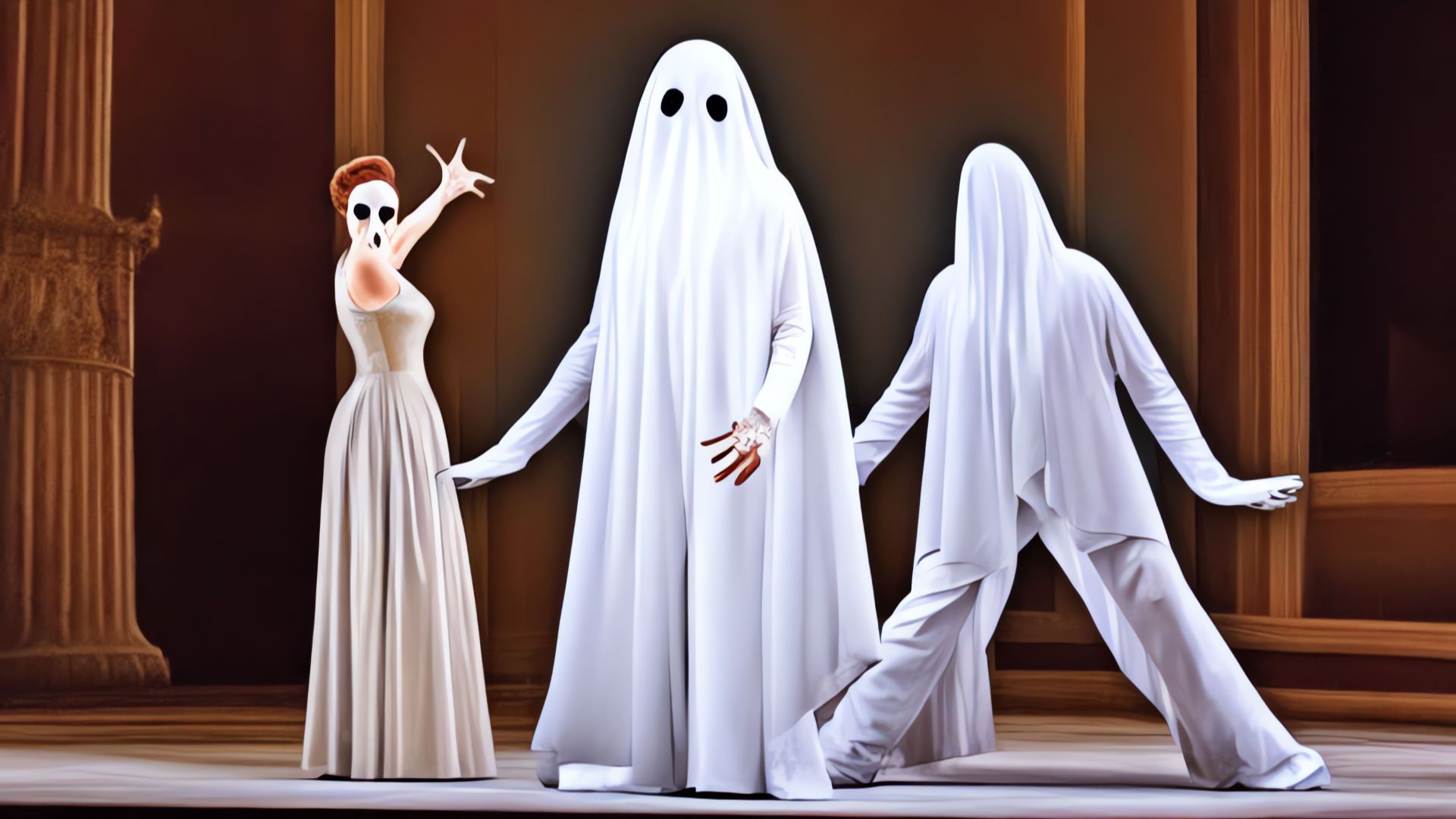 Artificial intelligence-generated image of three ghost-like figures performing on stage at an opera house.