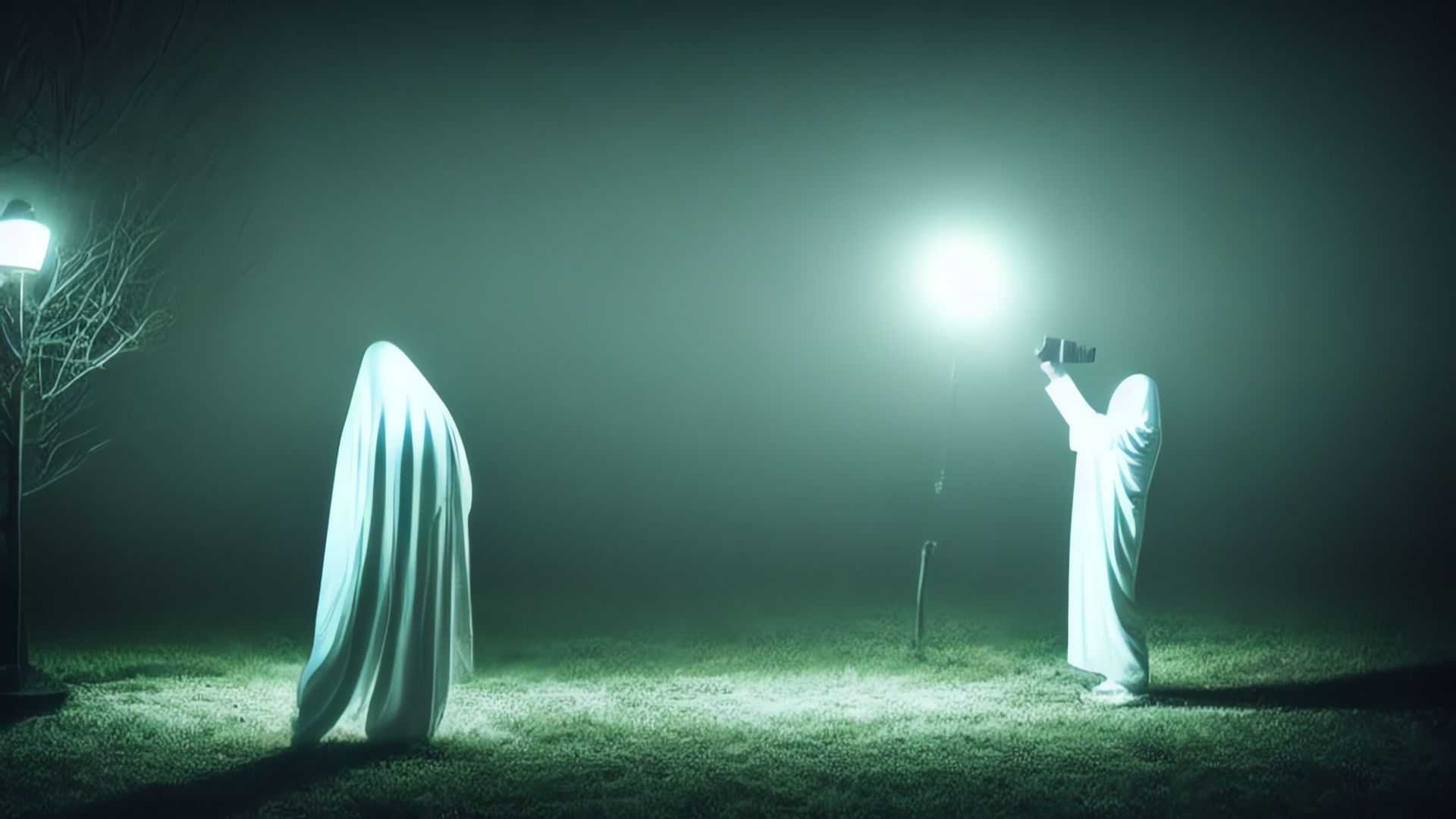 Artificial intelligence-generated image of two ghosts standing on a field at night. One of the ghosts is holding a large camera.