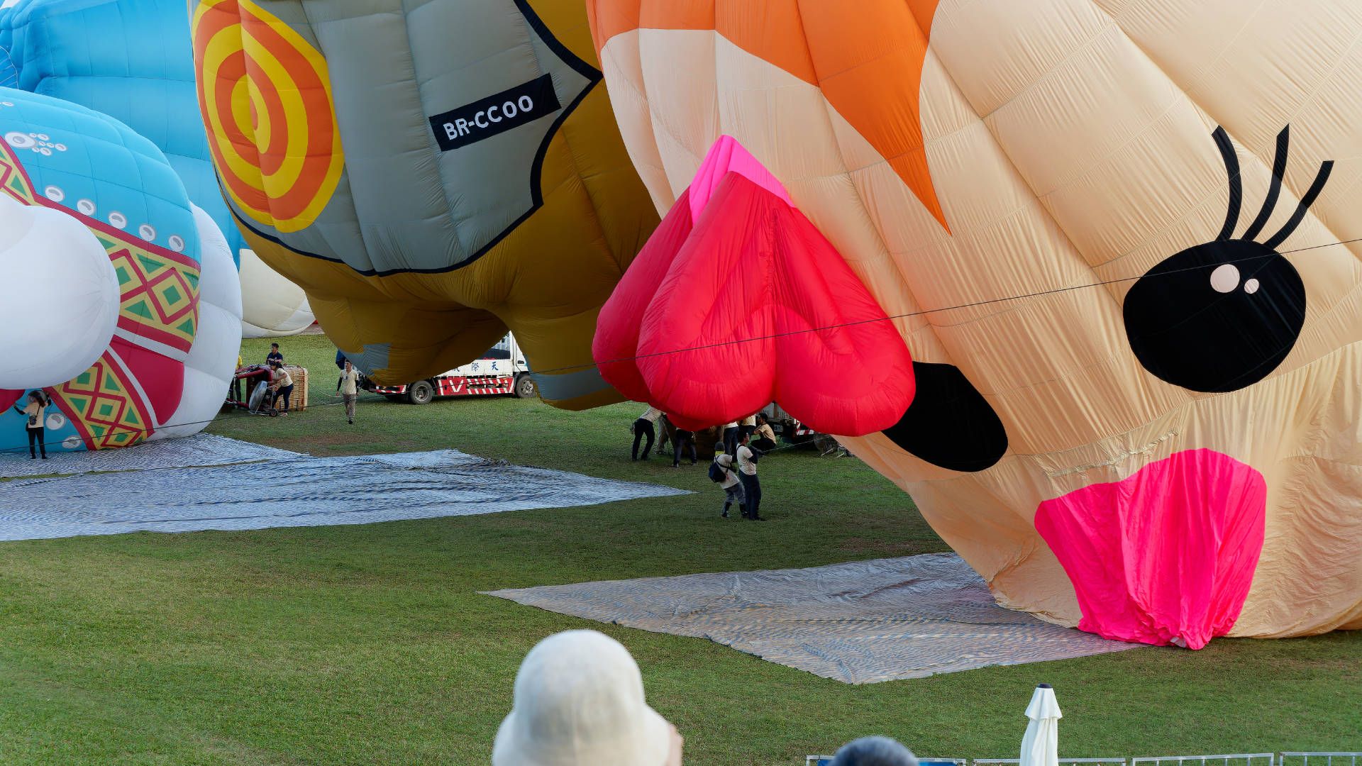 A partially-inflated cartoon bird-shaped hot air balloon begins to rise off the ground.