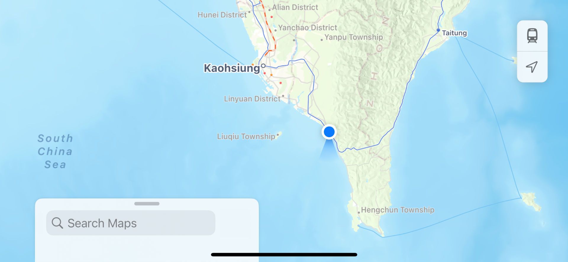 Screenshot of Apple Maps, showing the railway line from Kaohsiung to Taitung hooking around the lower part of Taiwan. A blue marker shows this screenshot was taken near the southern-most point on the line, around 40% of the way from Kaohsiung to Taitung.