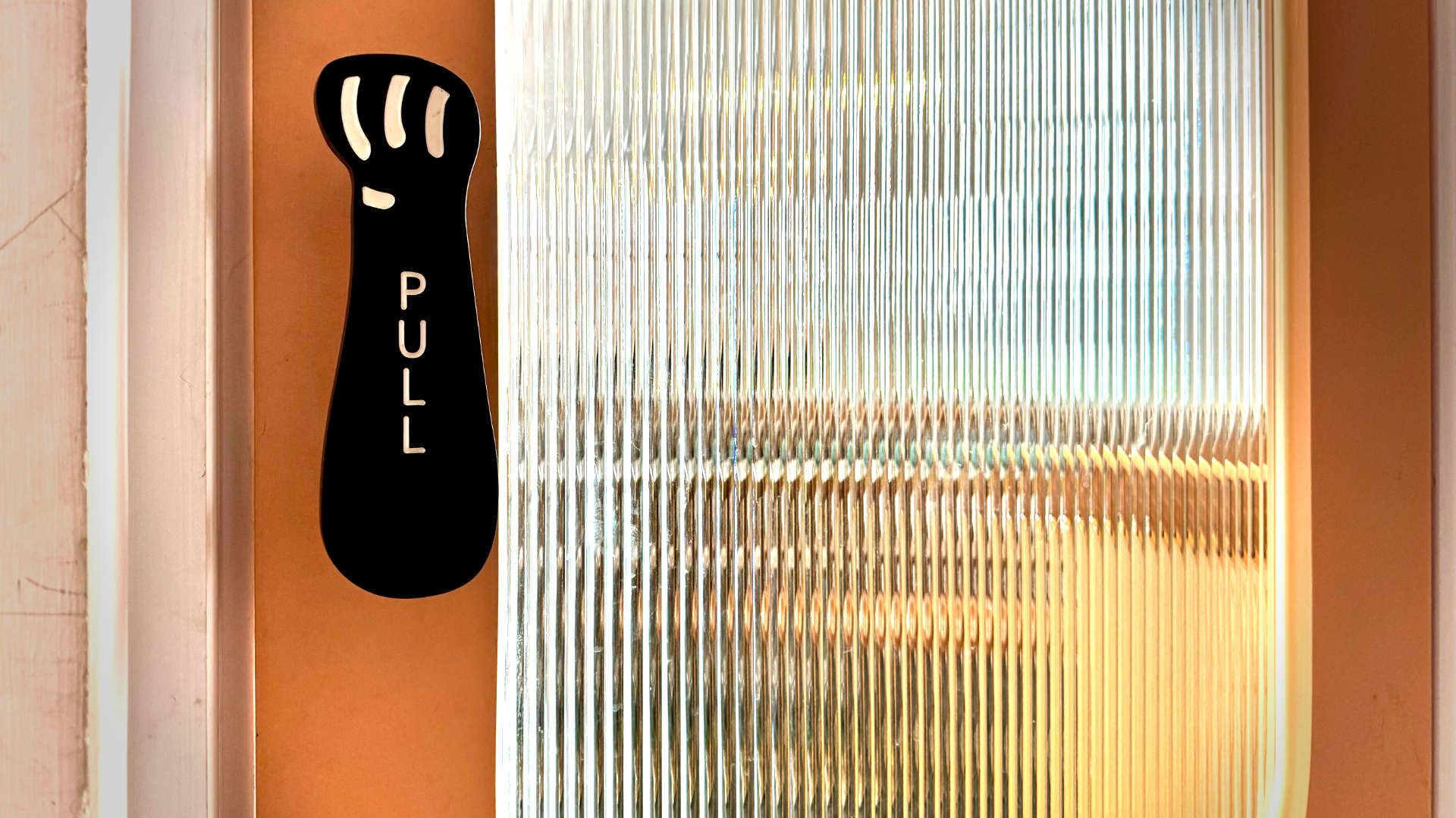 An opaque glass door with a door handle in the shape of a cat leg and paw. The door handle says “pull”.