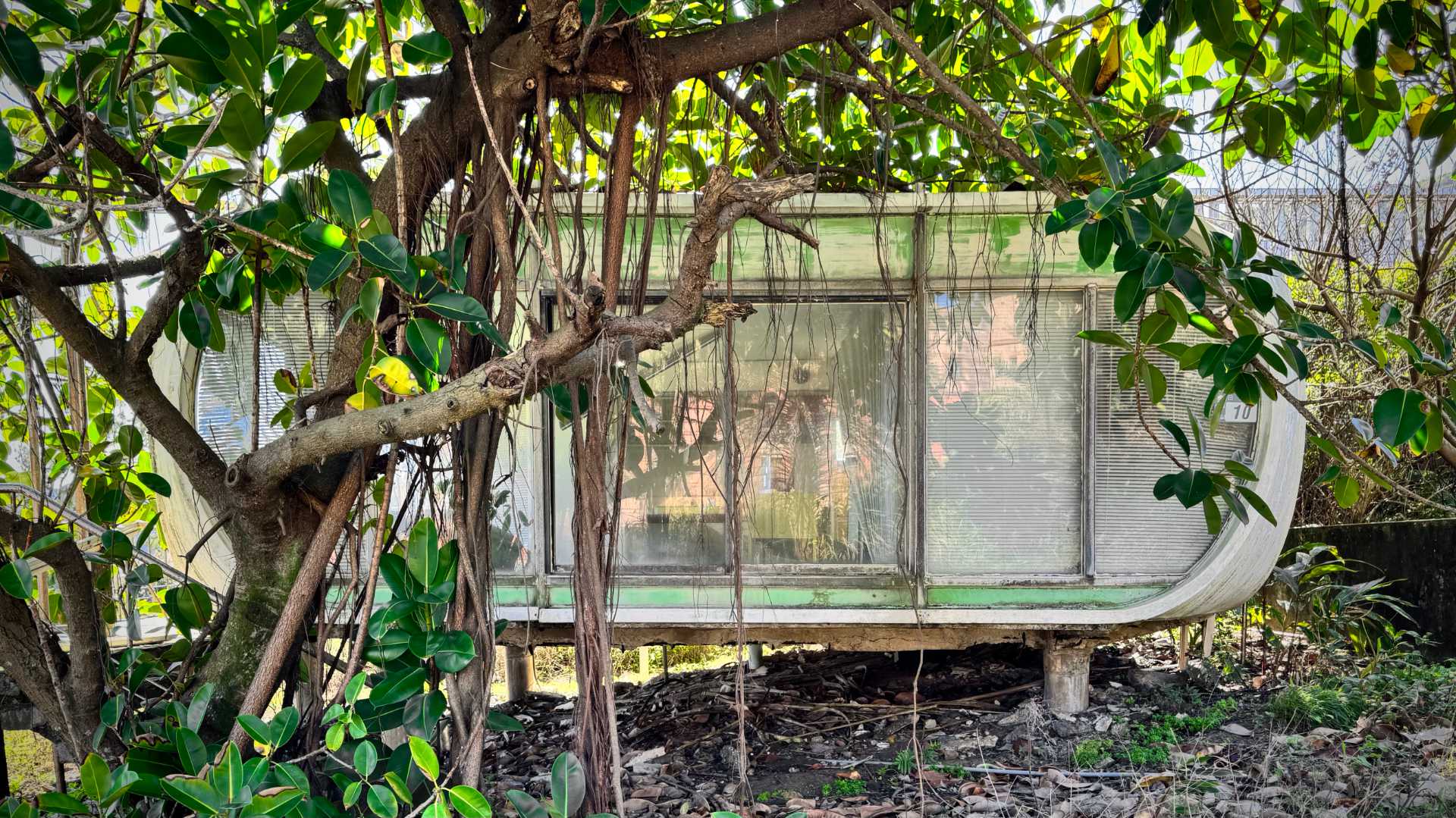 A abandoned pill-shaped Venturo house, overgrown with vegetation.