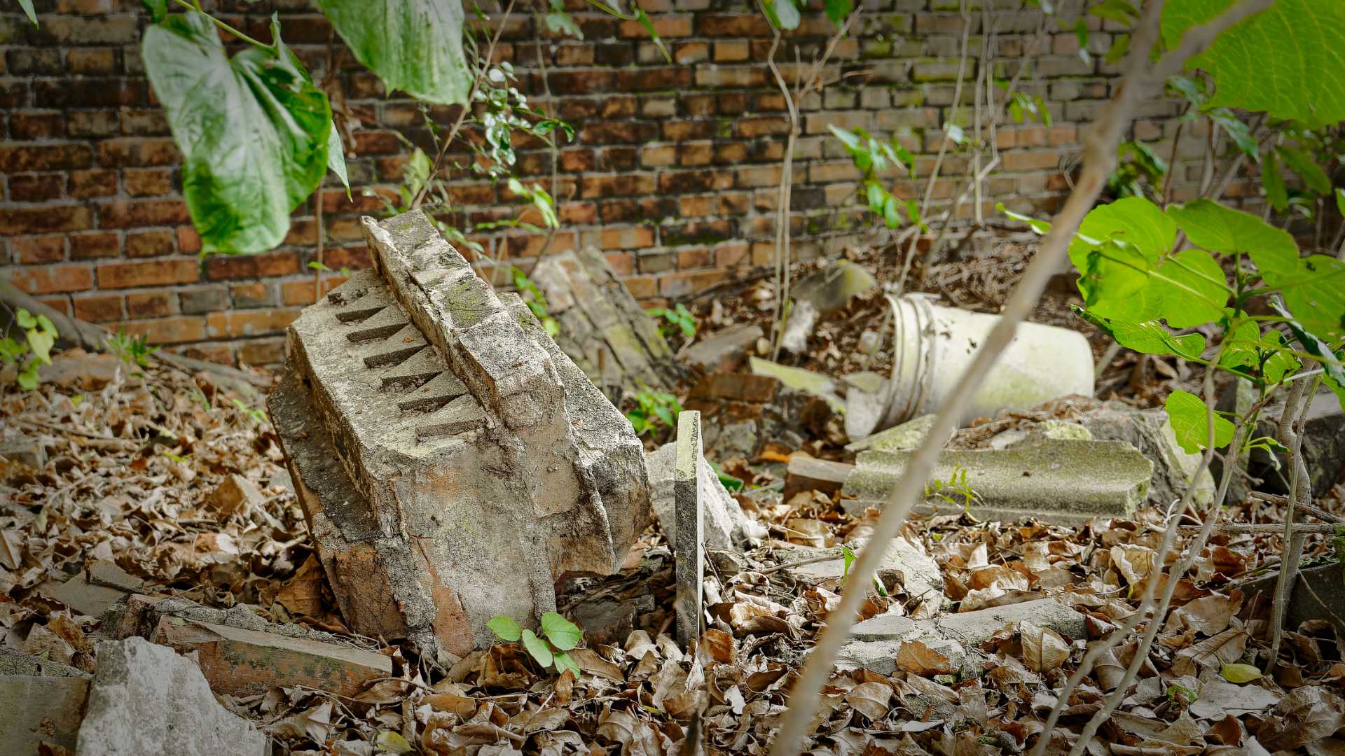 Fallen masonry on dry leaves, in the grounds of Minxiong Haunted House. A 20 liter plastic bucket lies on its side in the background.