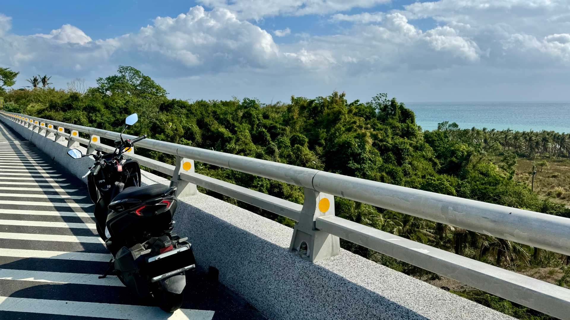 A scooter parked on an elevated roadway, with forest and coconut trees, and the sea, in the distance.