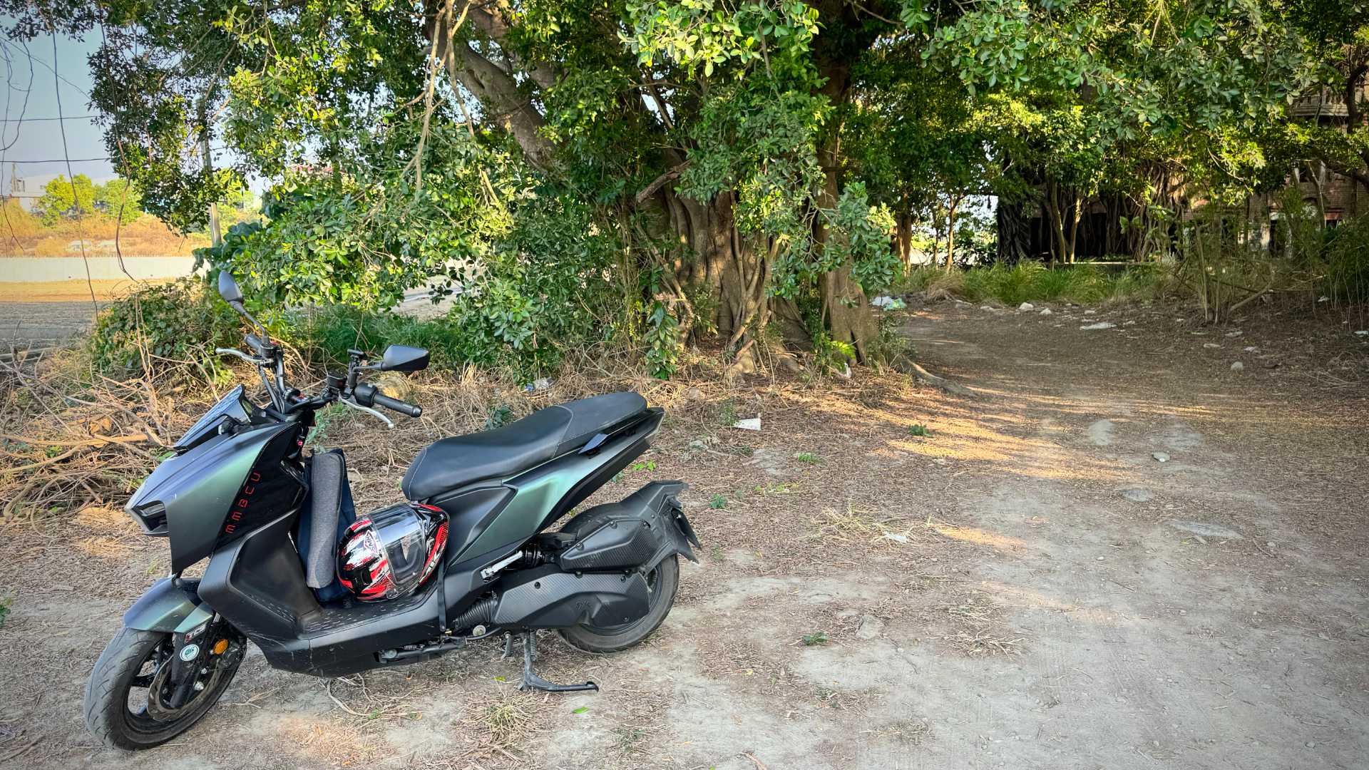 An SYM MMBCU scooter parked at the end of a dirt road, with a forest beyond it.