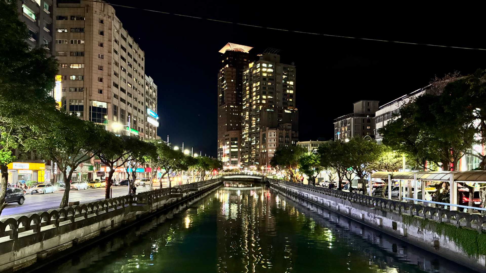Nighttime view of a canal in central Keelung City, Taiwan.