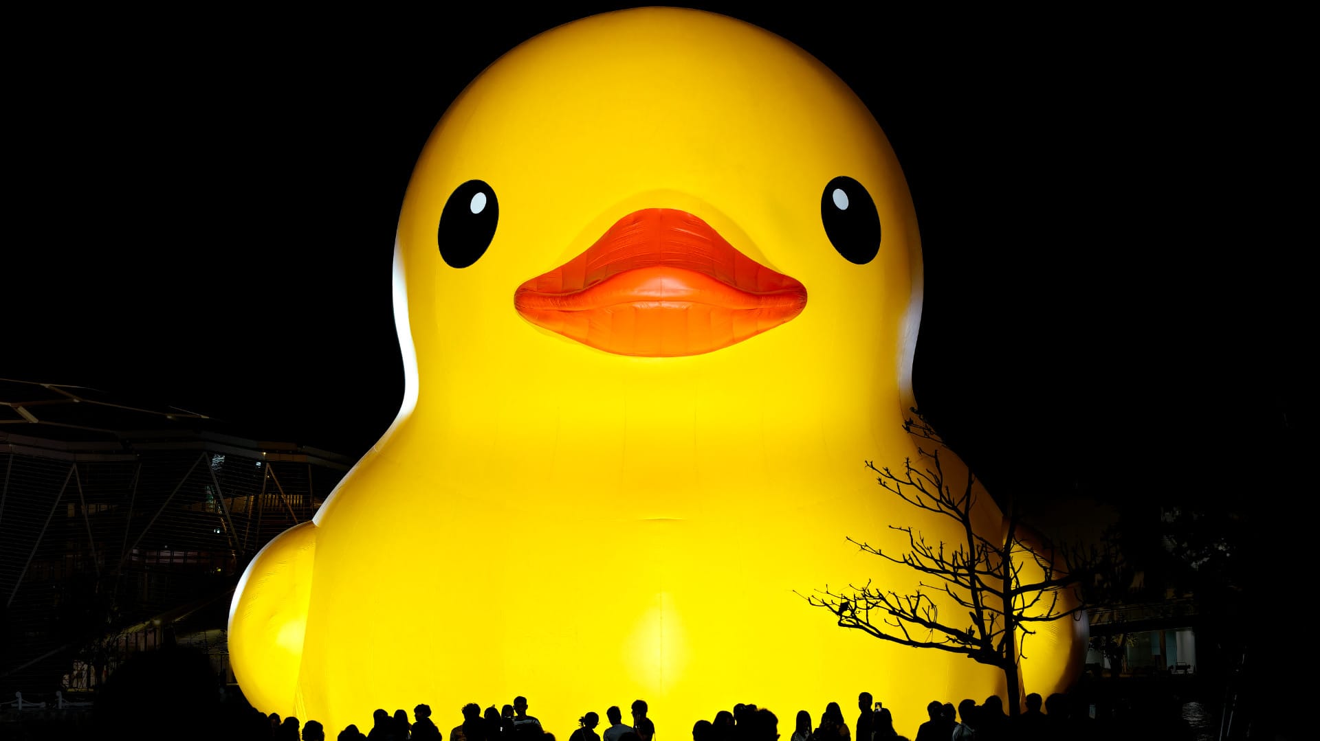 Frontal view of a large rubber duck moored on Kaohsiung Harbor at night, with hundreds of people silhouetted in the foreground. The duck towers over them, may stories tall.