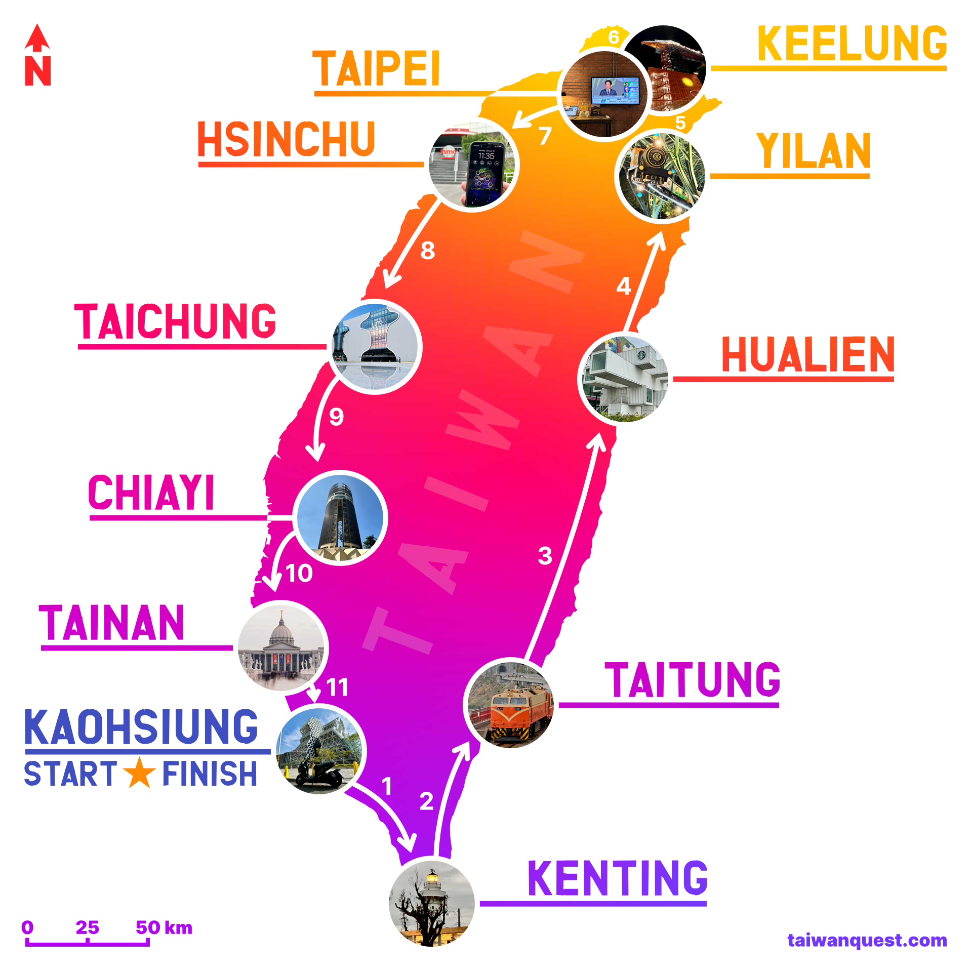 A colorful map of Taiwan with the following locations marked: Day 1, Kenting. Day 2, Taitung. Day 3, Hualien. Day 4, Yilan. Day 5, Keelung. Day 6, Taipei. Day 7, Hsinchu. Day 8, Taichung. Day 9, Chiayi. Day 10, Tainan. Day 11, Kaohsiung.