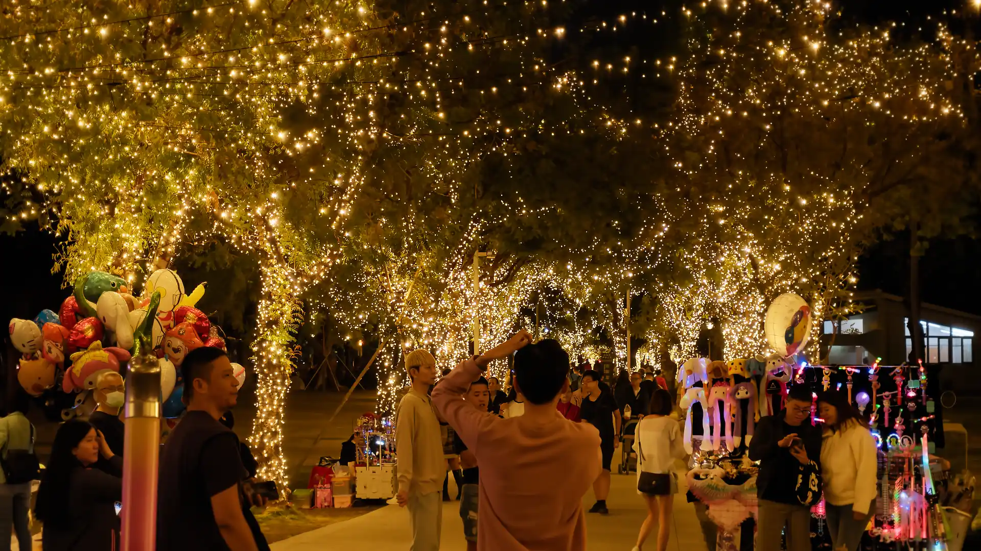A man taking a photo of string lights threaded through trees in Central Park, Kaohsiung.