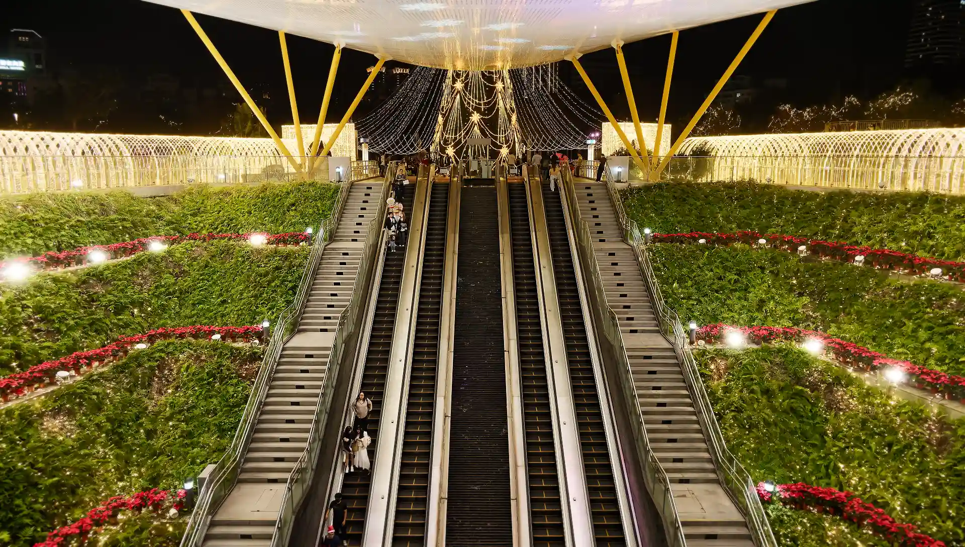 Central Park MRT Station in Kaoshiung, Taiwan, decorated in Christmas colors.