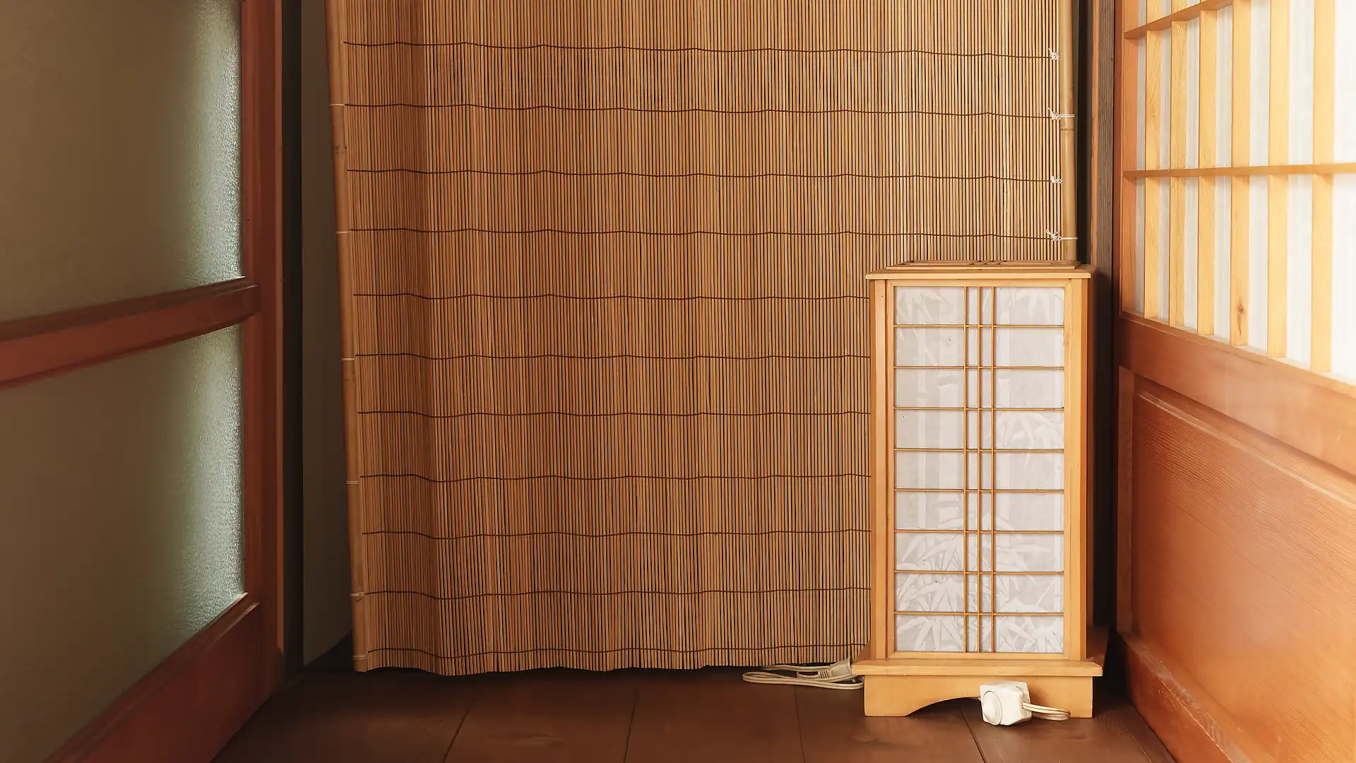 Close-up of a Japanese-style wooden lamp.
