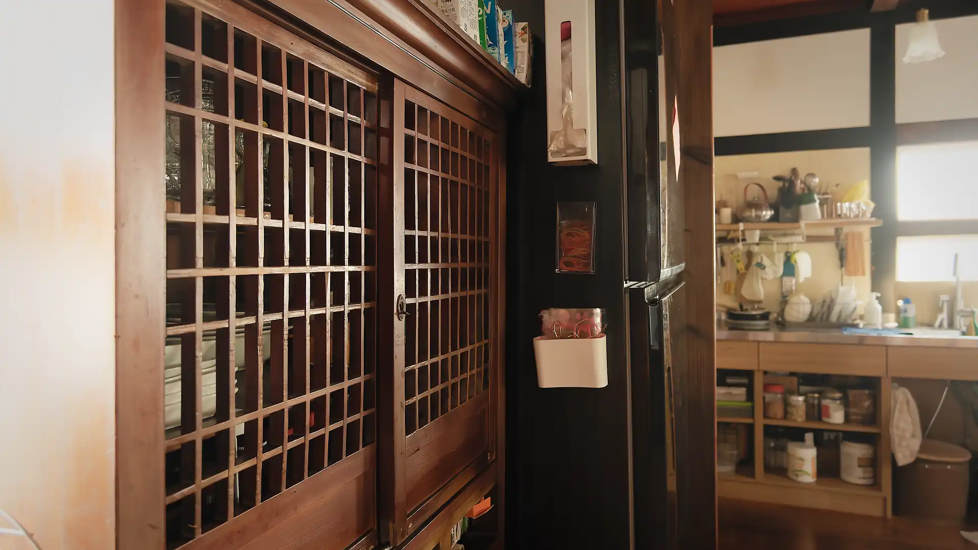 Carved wooden kitchen cabinets.