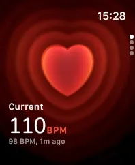 Apple Watch screenshot showing a current heart rate of 110 beats per minute.