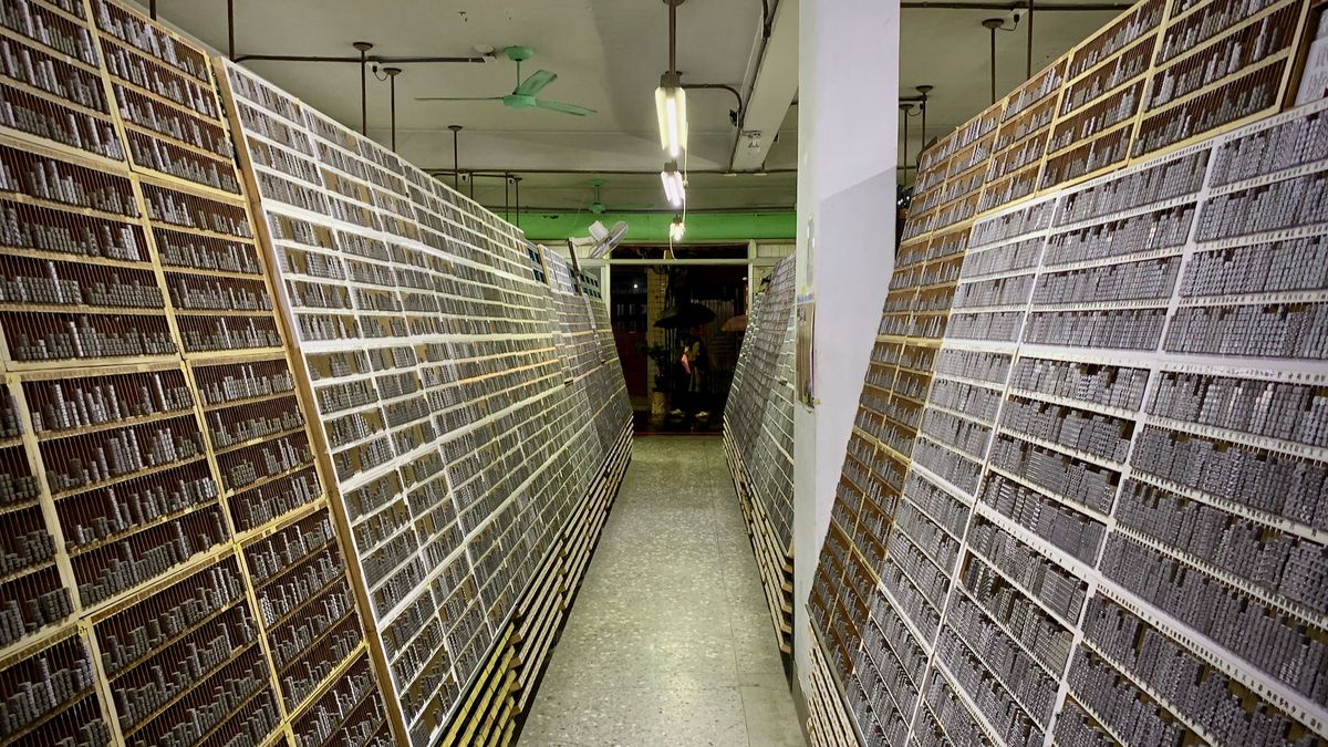 An aisle of the Ri Xing Type Foundry, with floor-to-ceiling shelves of metal type on either side.