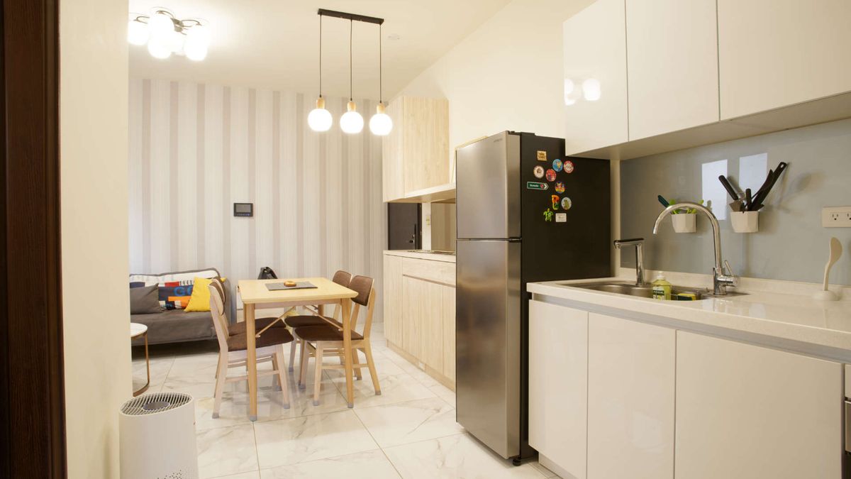 An apartment kitchen and living space.