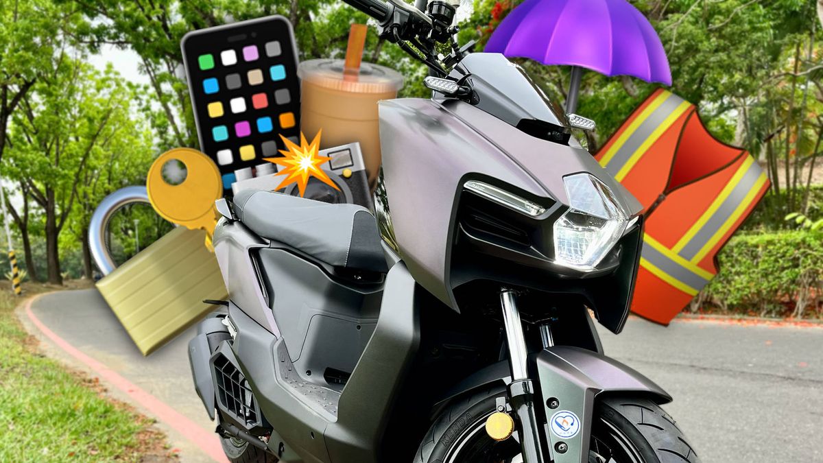 SYM MMBCU scooter with emoji accessories superimposed around it.