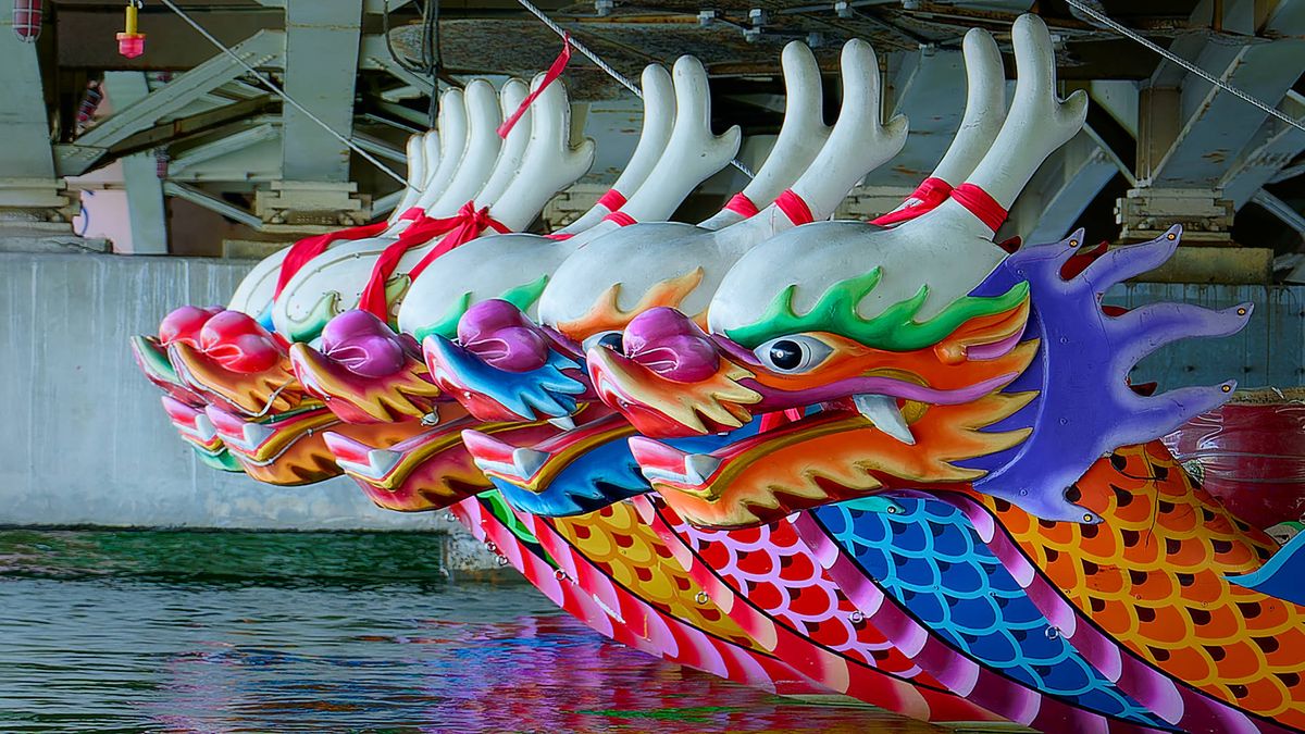 The noses of 10 dragon boats moored alongside each other under a bridge.
