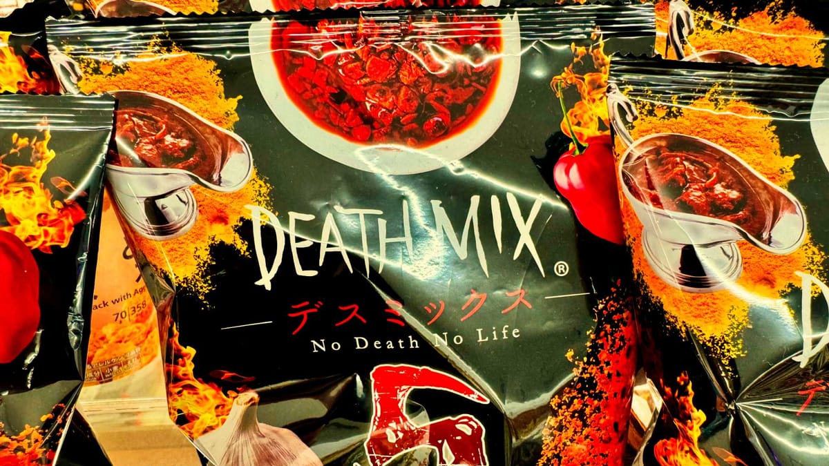 A bag of ‘Death Mix’ spicy potato chips with the tagline “No Death No Life”.