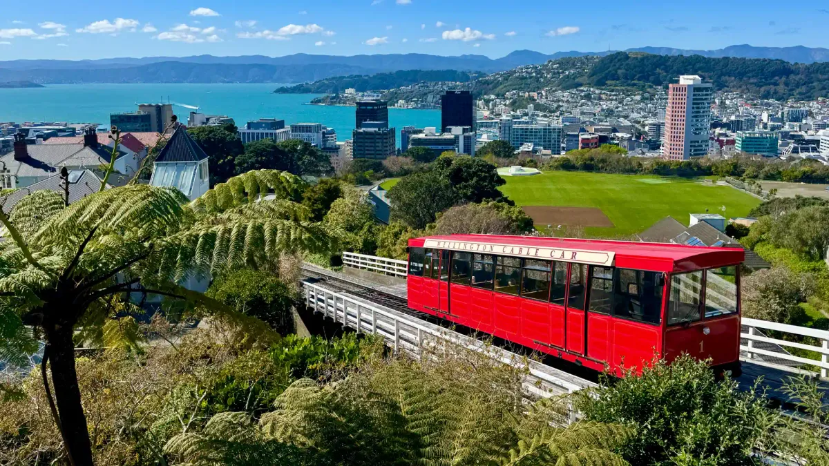 Wellington Cable Car just below the upper terminus, with a view of Wellington City and harbor in the background.