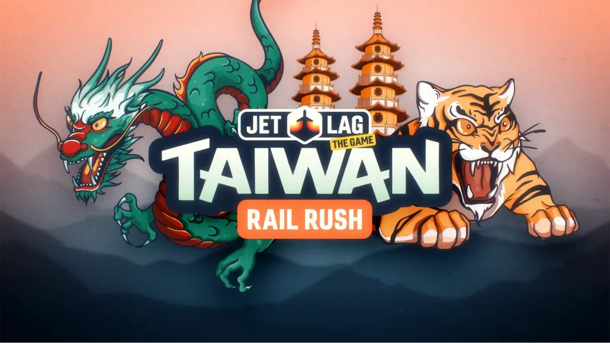 A cartoon graphic for the TV travel competition show Jet Lag: The Game — Taiwan Rail Rush, featuring Kaohsiung’s Dragon and Tiger Pagodas.